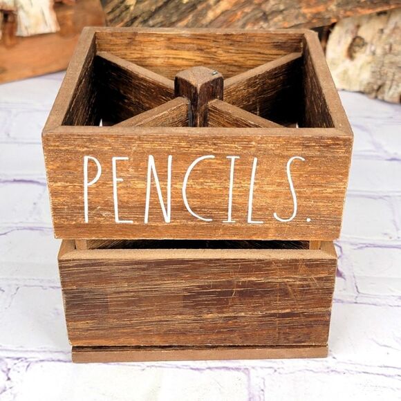 Rae Dunn PENS PENCILS Cup Spinning Wooden Holder - Picture 3 of 7